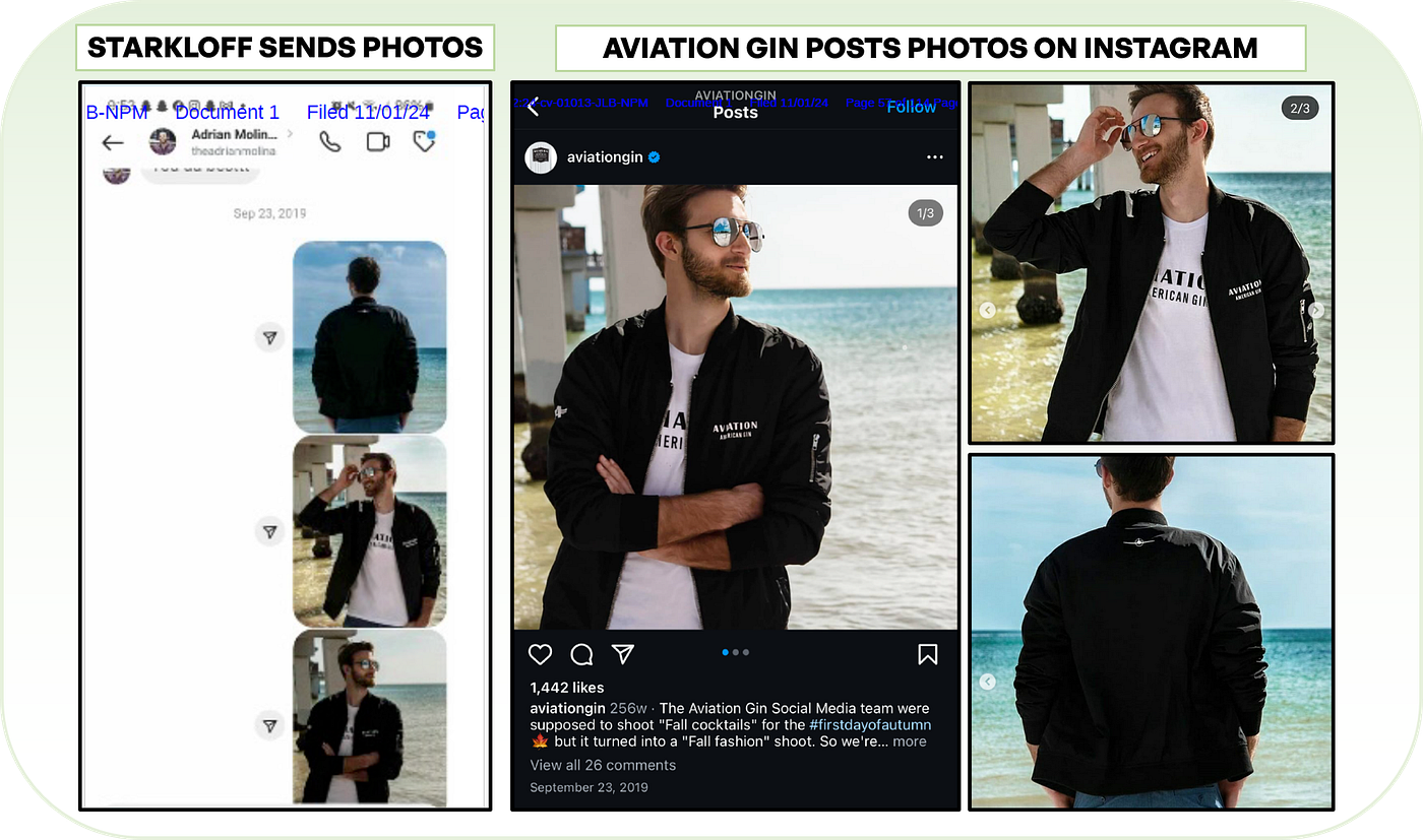 Starkloff sends the photos she took of a model showcasing an Aviation Gin bomber jacket, and Molina refers to “the Aviation Gin Social Media team” when he uploads the photos to the official Instagram account