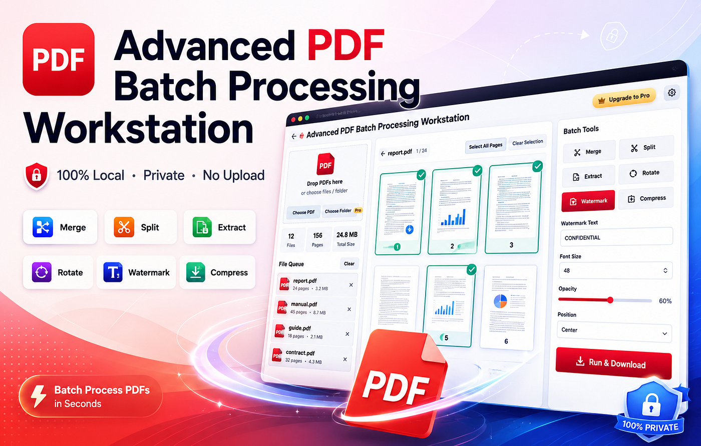 Locally process PDF merging, splitting, extraction, rotation, watermarking, and compression.