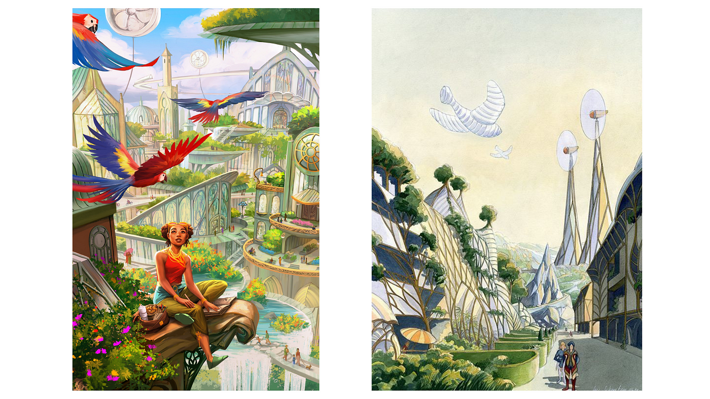 solarpunk,city, green,plants, buildings,art nouveau, concept art 