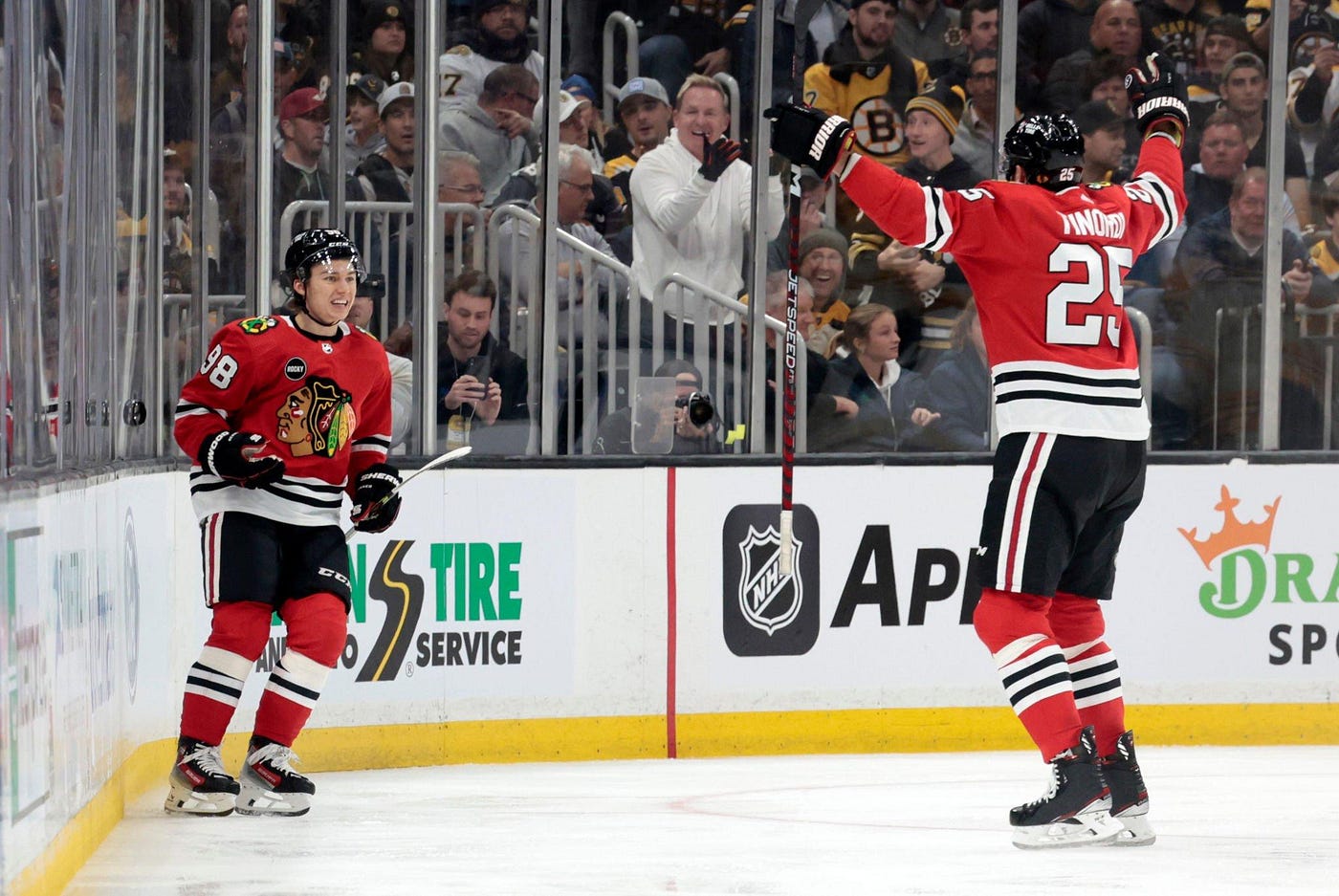 Blackhawks' Connor Bedard reacts to scoring first NHL goal vs. Bruins