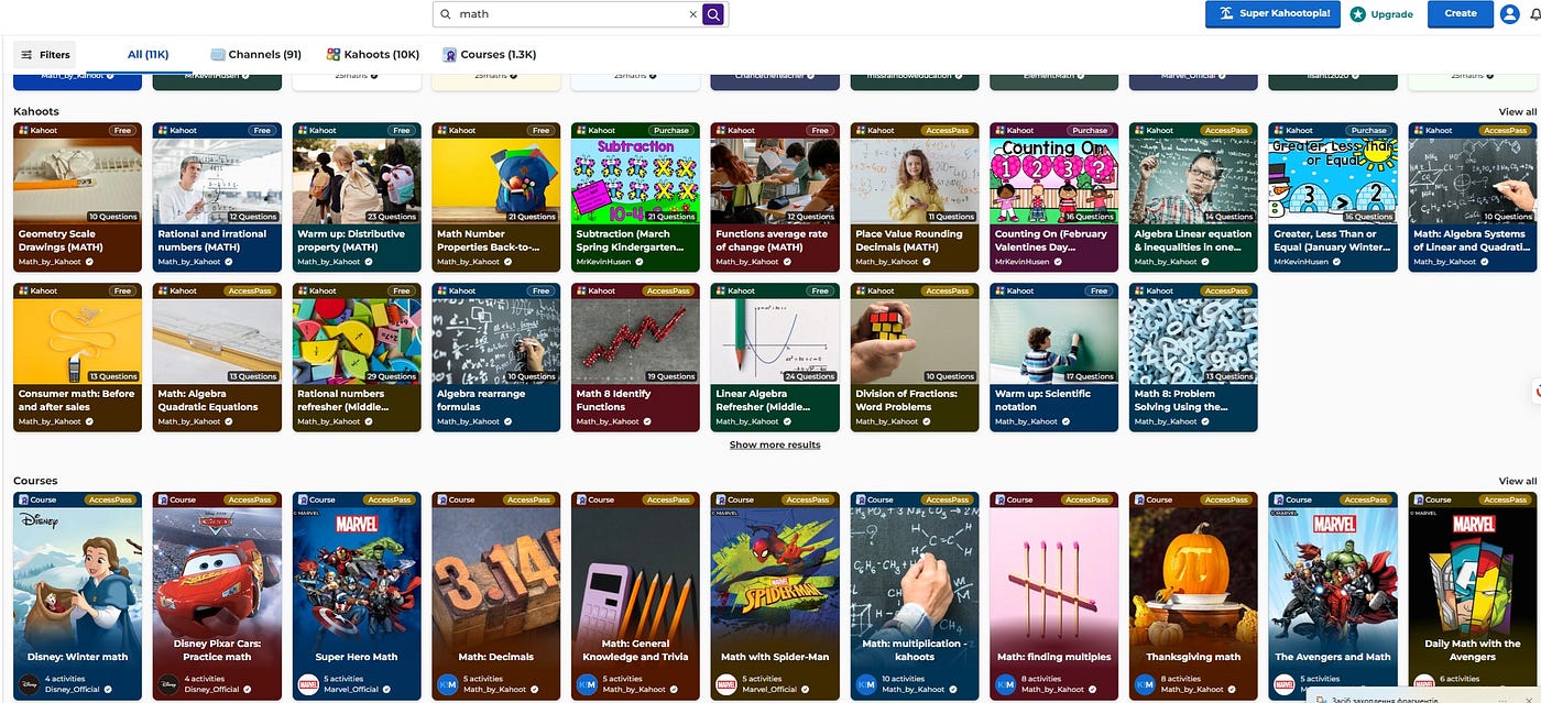 Screenshot of the Kahoot! homepage showing math learning kahoots from a computer, taken by the author.