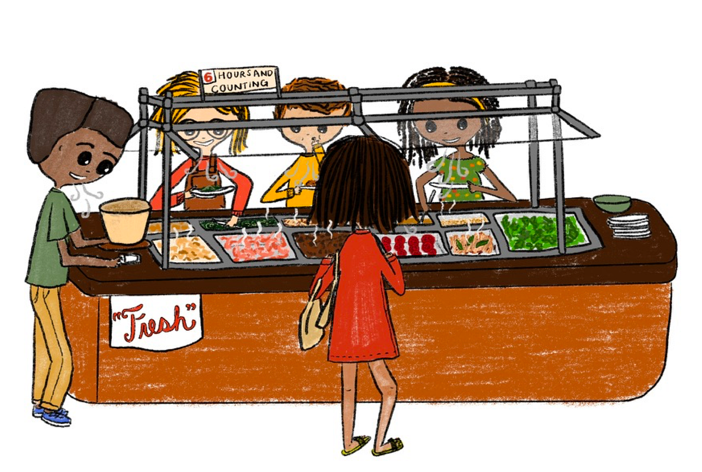 A group of people at a buffet with a sign that says “Fresh,” all breathing all over the food.