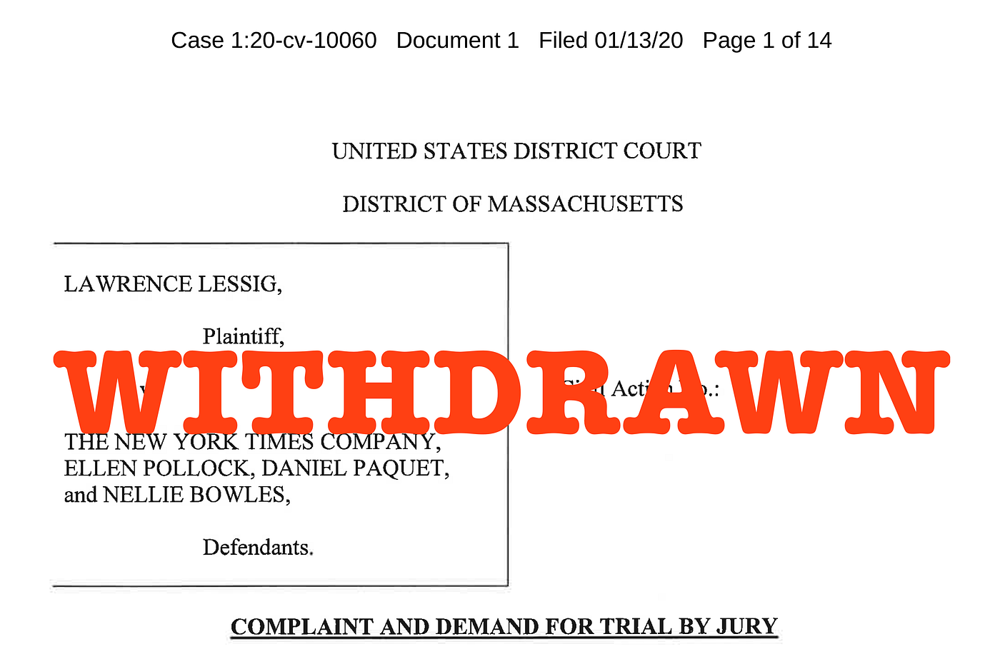 Lessig v. NYT: Withdrawn