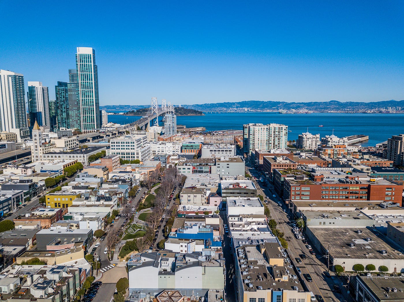 An aerial view of San Francisco and South Park with the Bay in the background.