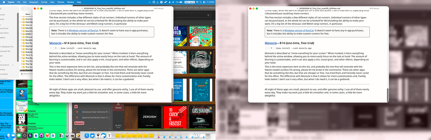 Left: Normal busy desktop. Right: The same desktop with Monocle activated. Screenshots by author.