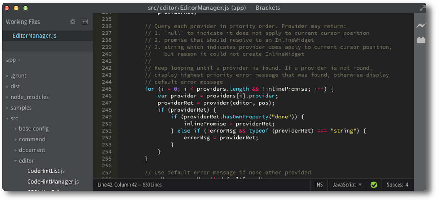 Check brackets. Внешний вид редактора Brackets. Brackets Editor js подсказка.