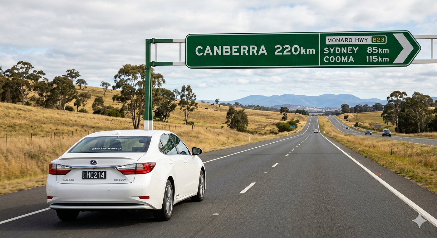 A car from Cars on Demand driving to Canberra from Sydney airport