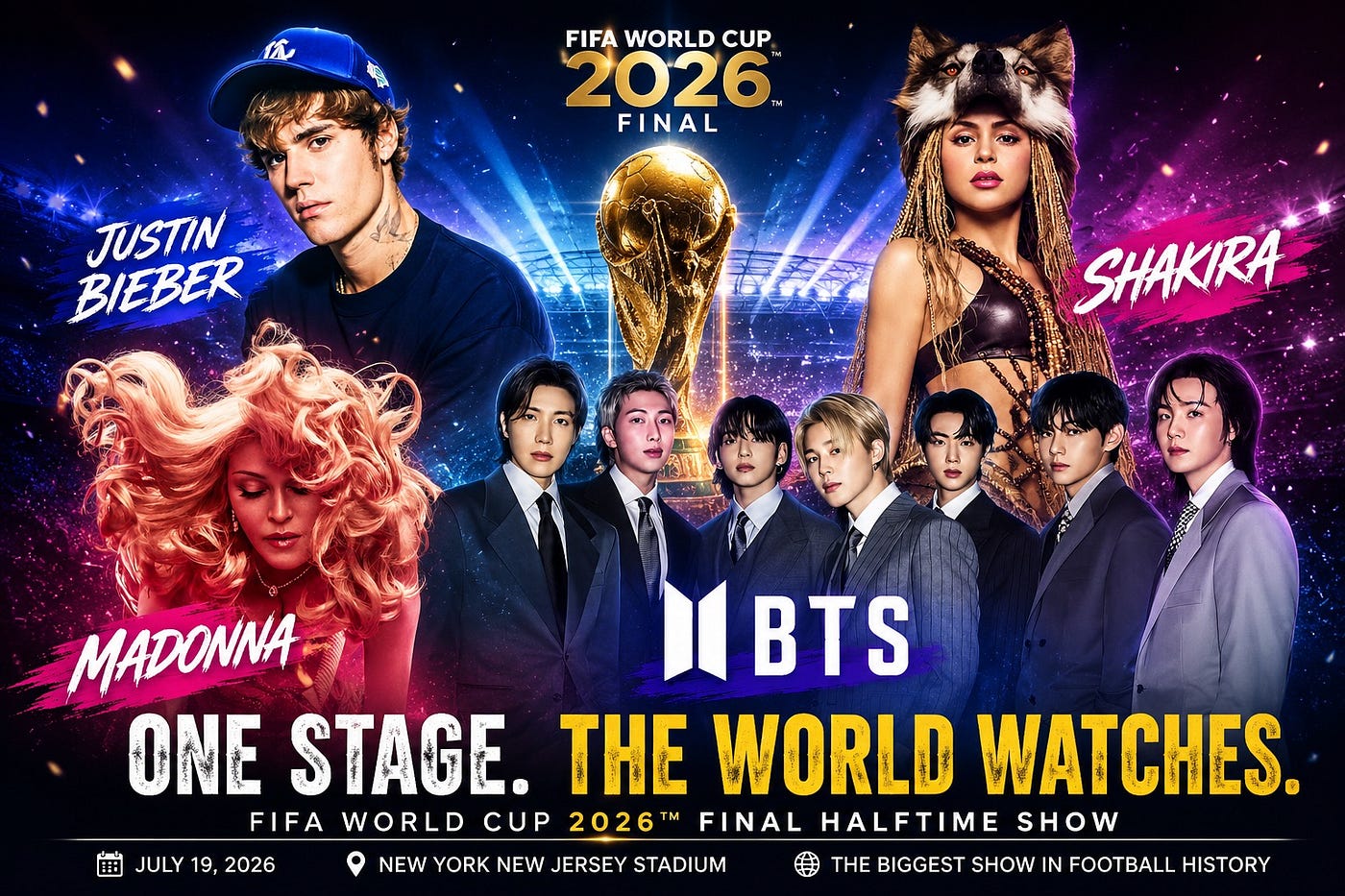 FIFA World Cup 2026™ Final Halftime Show: BTS, Madonna, Shakira & Justin Bieber to Headline…