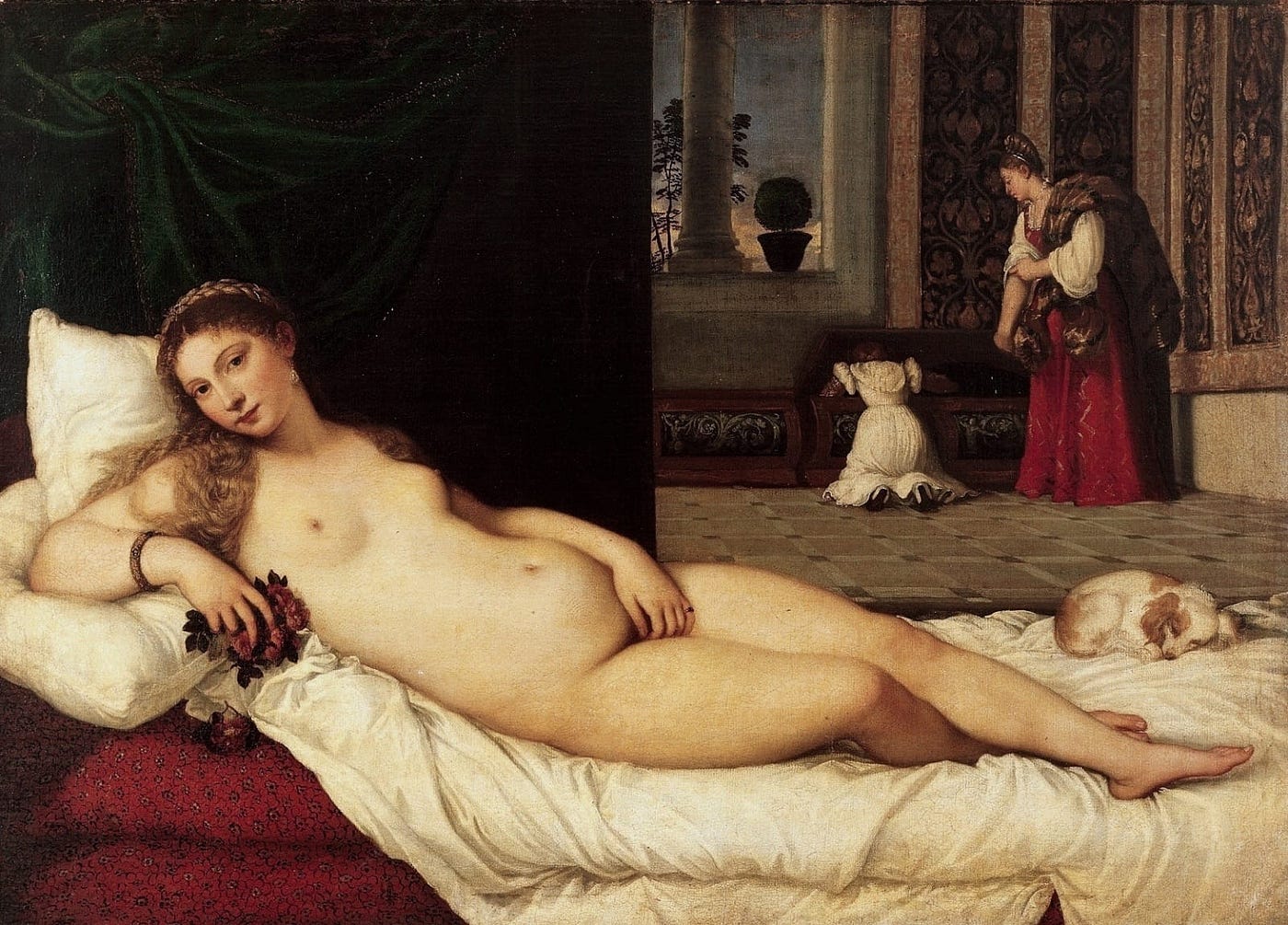 The nude is carefully arranged, not to express the woman’s inner life but to satisfy the spectator’s eye. The Rokeby Venus — painted by Diego Velázquez, c. 1647–1651