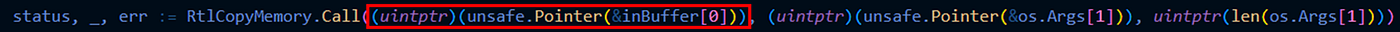 Golang: Take the address of the first byte in an array, cast to an unsafe pointer, cast that to a uintptr