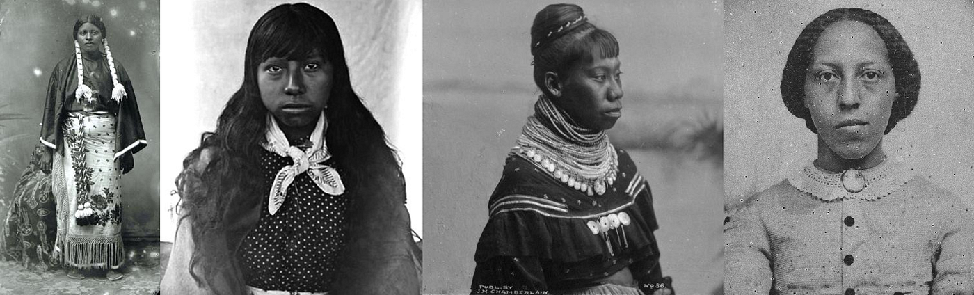 LEFT: “Diana Fletcher (Black Seminole, b. 1838), adopted into the Kiowa tribe. Her father was African American, and her mother was Seminole. Her stepfamily was Kiowa.” Wikimedia Commons. Public Domain. LEFT MIDDLE: “Cherokee girl. “ Photo titled: “Ayasta’s Daughter,” 1888. National Anthropological Archives, Smithsonian Institution. Public domain. RIGHT MIDDLE: “Waist-up portrait of a Seminole Native American woman wearing a native outfit featuring many necklaces around her neck, and with her hair in a bun.” Caption by Wisconsin Historical Society. Photo caption: “Seminole Squaw, Miami, Fla.” by J.N. Chamberlain, circa 1880s. RIGHT: “Portrait of Zerviah Gould Mitchell (Black Wampanoag circa 1850–1860. Smithsonian Institution. Public domain. Mitchell, along with Ebenezer W. Pierce, wrote Indian History, Biography, and Genealogy, about the life of Wampanoag leader Massasoit and his descendants.