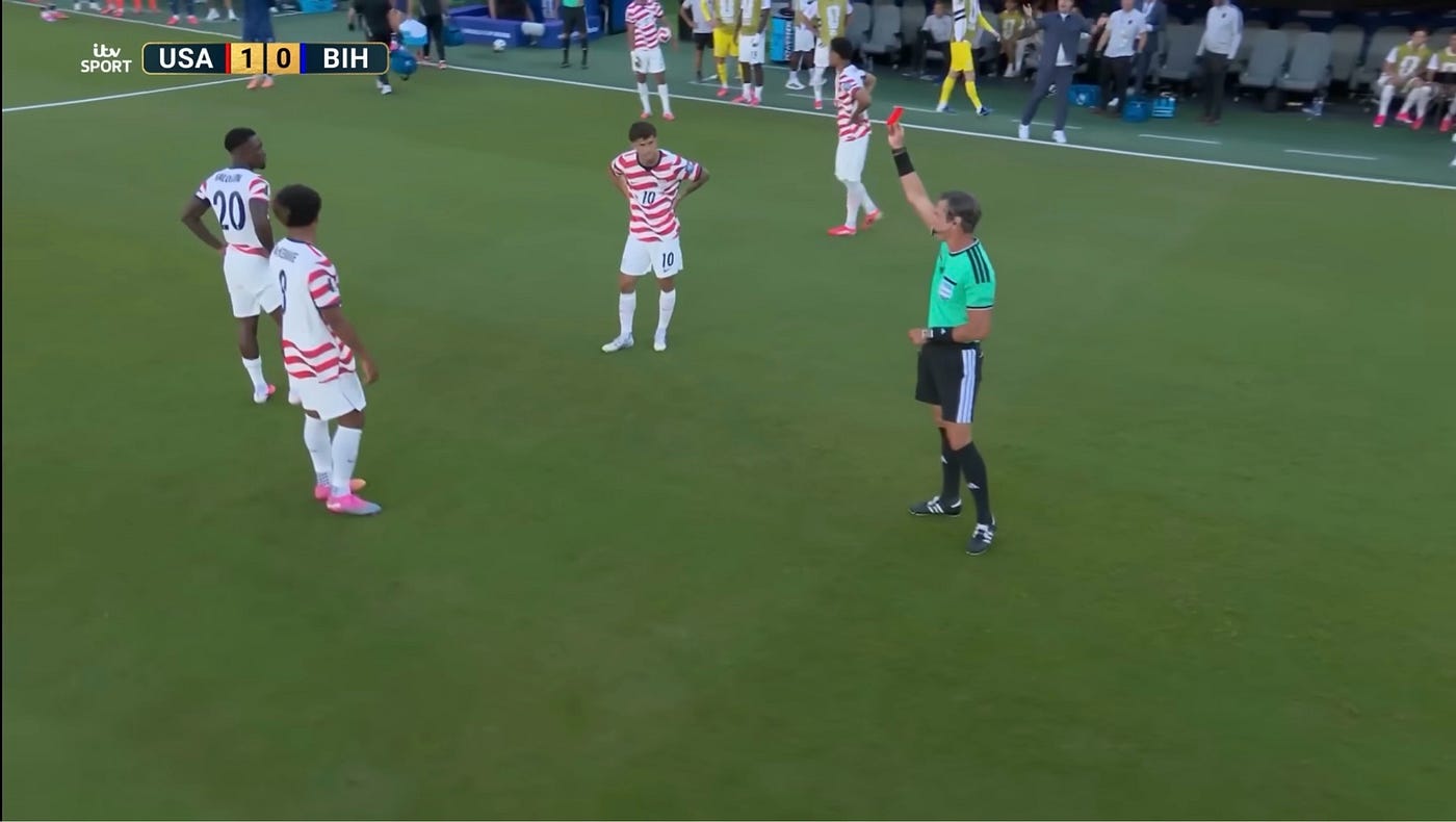 The moment Balogun (Number 20) was sent off vs Bosnia (Credit: ITVSport YouTube Channel)