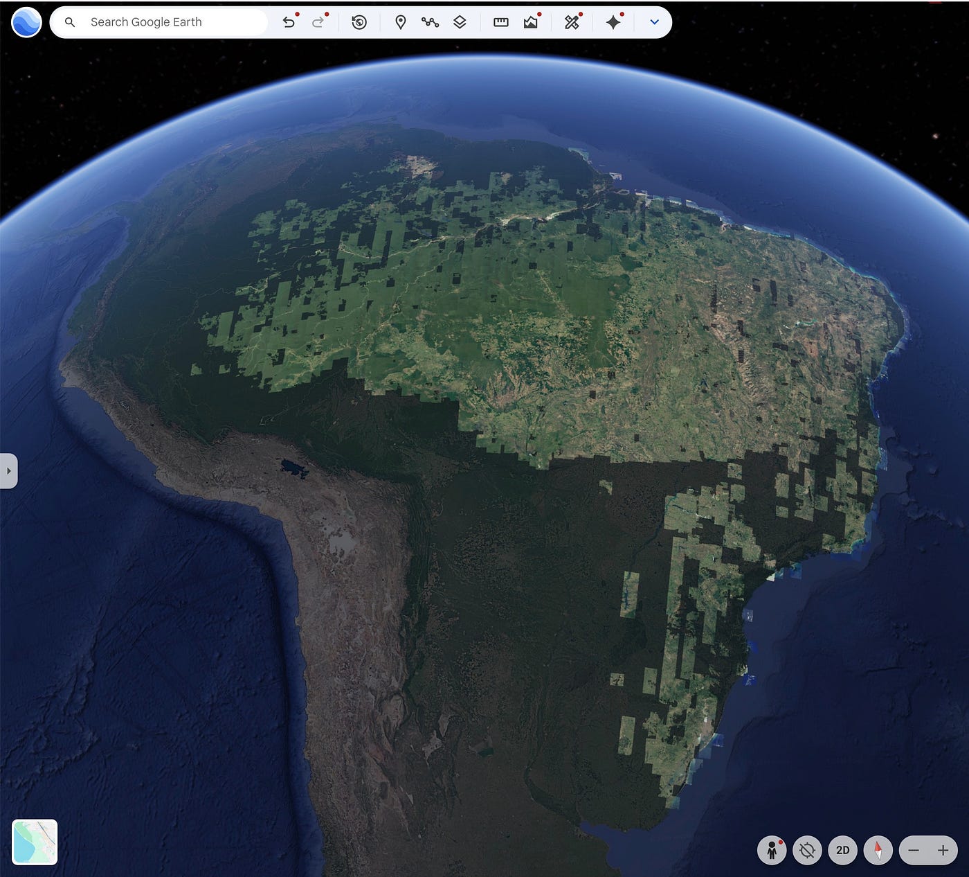 Find the Brazil Forest Imagery Dataset 2008 in the Google Earth Data Catalog to explore the dataset on the globe. Image from Google Earth.