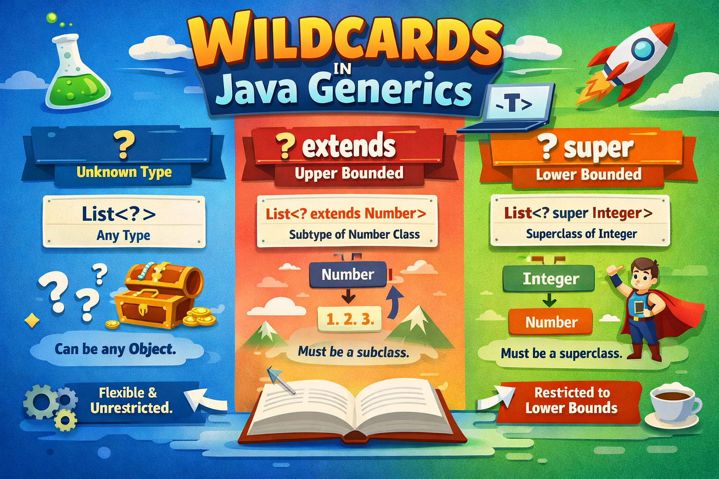 What are Wildcards in Java Generics (?, extends, super)?