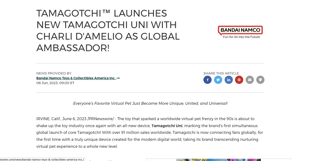 TAMAGOTCHI™ LAUNCHES NEW TAMAGOTCHI UNI WITH CHARLI D'AMELIO AS GLOBAL  AMBASSADOR!