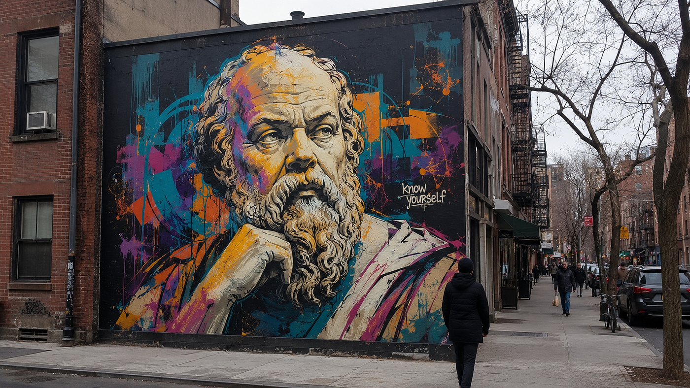 Socrates graffiti on a New York billboard. Prompt: on a billboard downtown New York is intricate but simple graffiti art of philosopher Socrates in vivid colors.