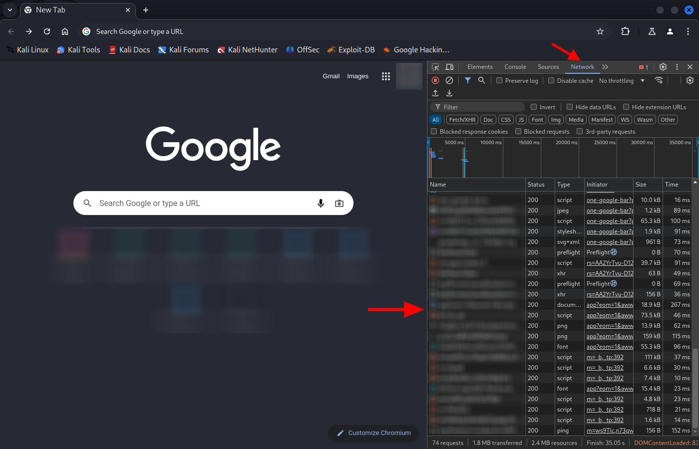 Google Chrome Network tab