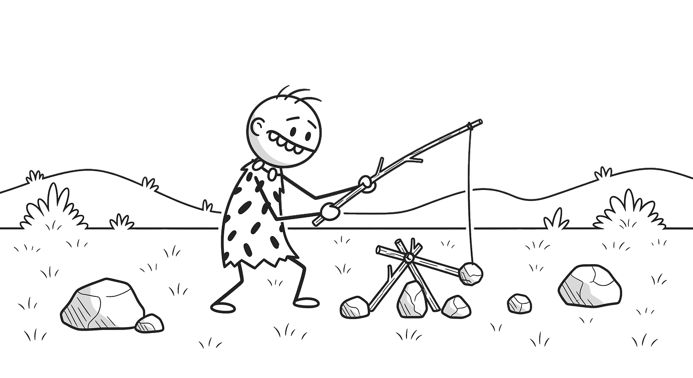 A caveman playing with a rock tied to a stick. Generated by Gemini