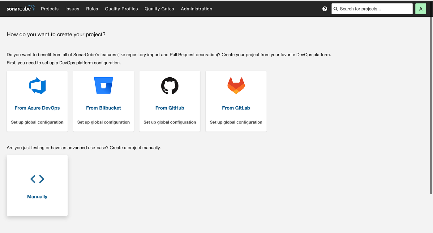 1. 畫面上有多重選擇可以連結你的 github, gitlab..等,本次操作則選擇手動(Mannually)建立