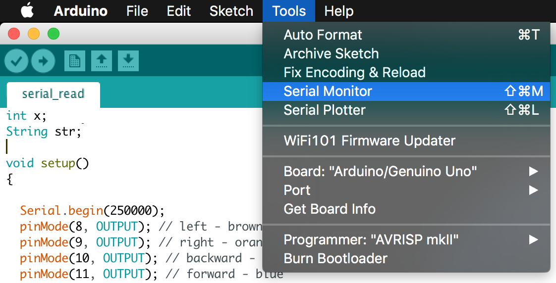 Arduino serial monitor showing command output