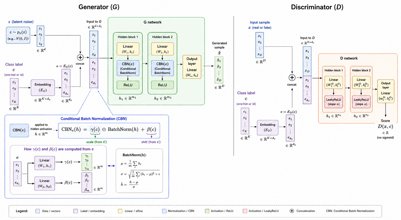 Figure 12 — Conditional GAN (cGAN) architecture. Both the Generator and Discriminator receive the class label c through an embedding layer that produces a dense vector e. In the Generator, e is concatenated to the latent vector z and used to modulate the batch normalization parameters at each hidden layer via Conditional Batch Normalization (CBN): γ(c ) and β(c ) are predicted from e, giving each class its own effective normalization. In the Discriminator, e is concatenated to x before the first layer. This design allows the Generator to produce class-specific samples that are evaluated by a class-aware Discriminator.