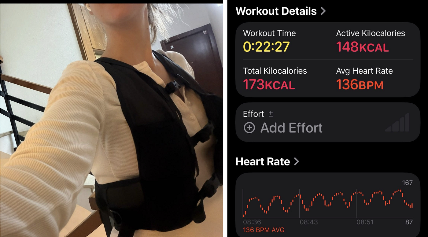 Left (me with the weighted vest). Right (the stair-climbing session with the vest.) Source: author.