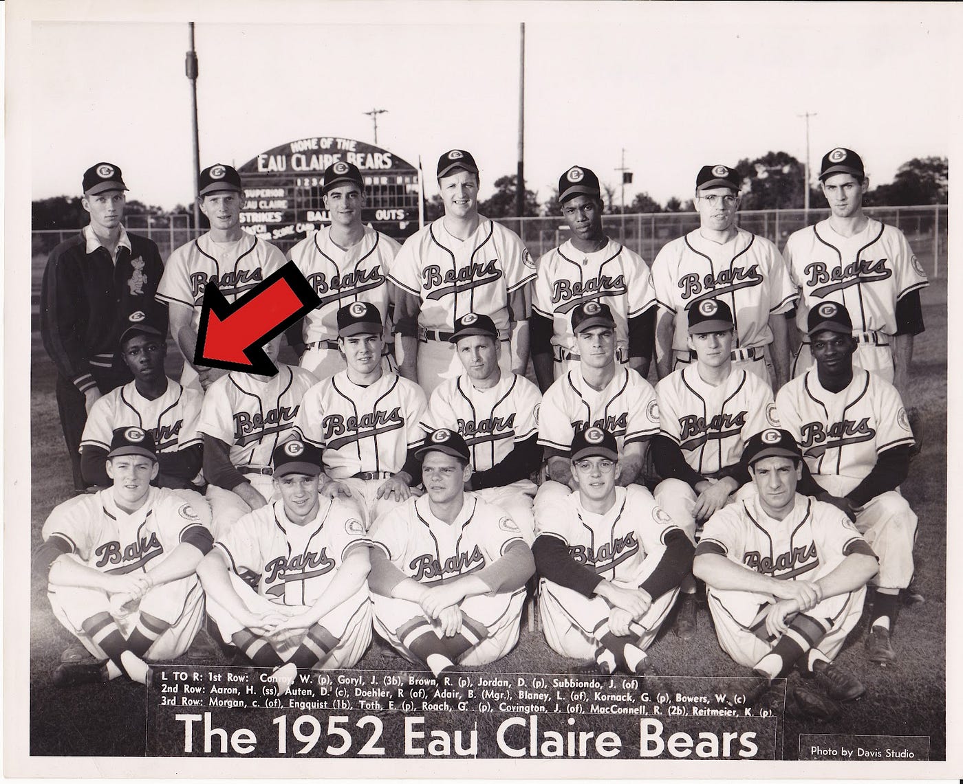 Eau Claire Bears: Aaron with Black players Wes Covington and Julie Bowers
