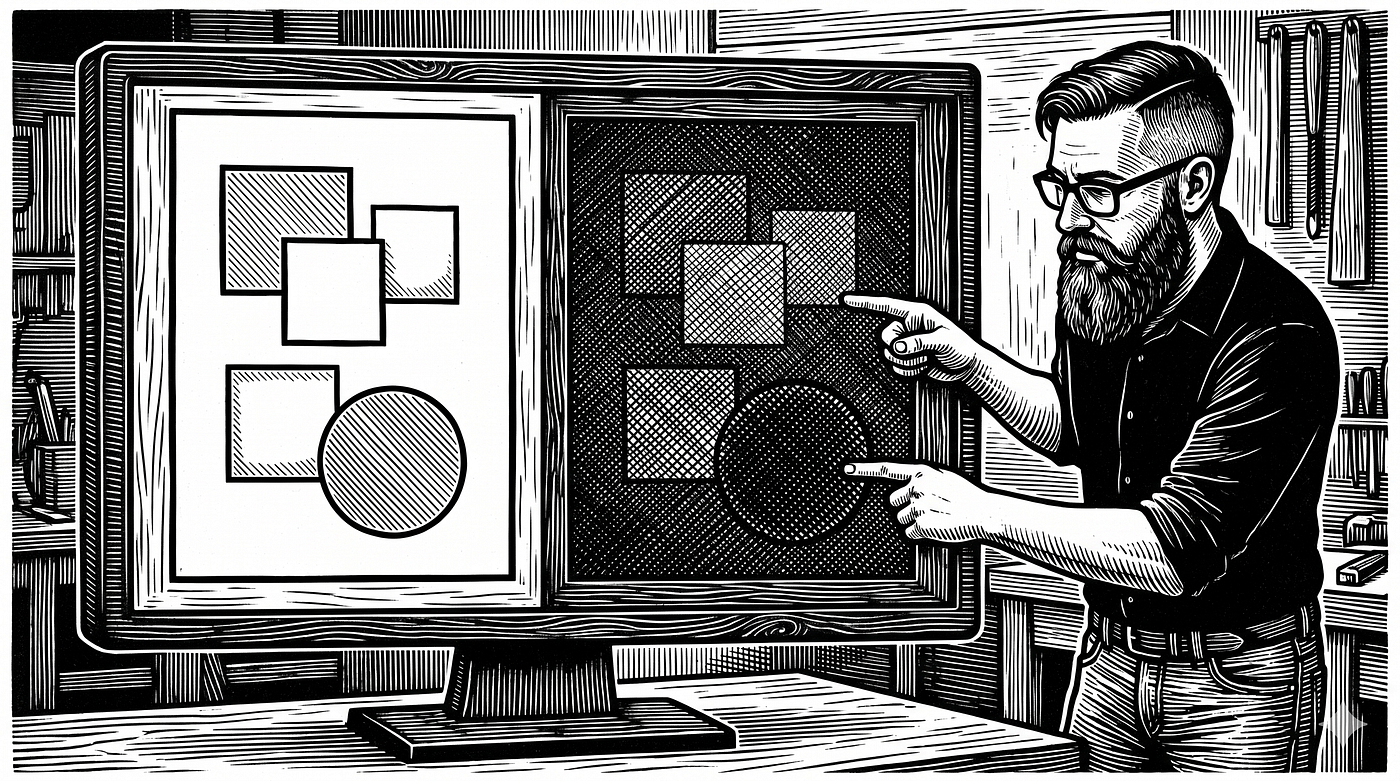 O modo escuro funciona. Parece errado. Não é descuido — é o espaço de cor que você usou para calculá-lo. Imagem gerada pelo Gemini (Nano Banana 2.0).