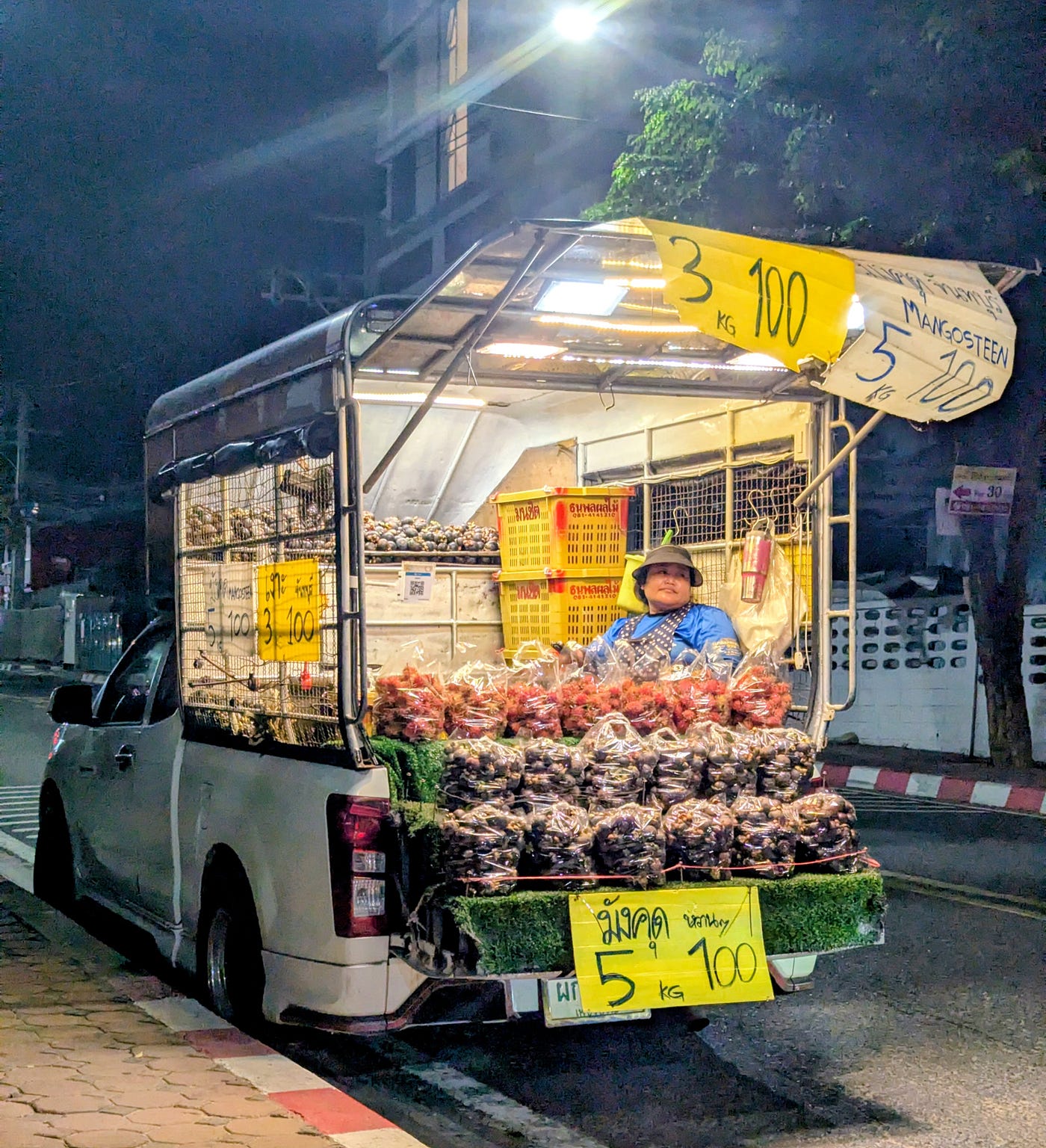A typical fruit vendor truck. They’re very popular with the local Russians. This one is selling mangosteen, 5 kg for 100 baht.