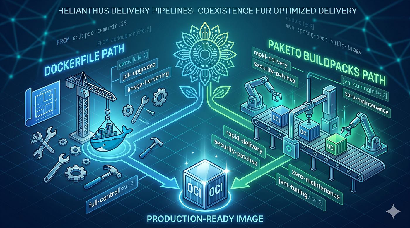 Why Helianthus Uses Both Dockerfiles and Paketo Buildpacks