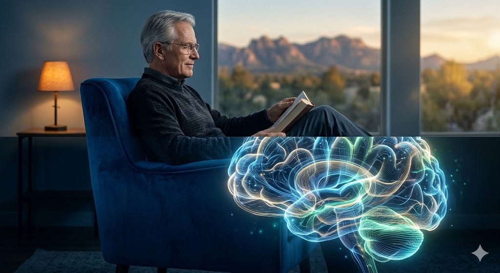 대체 텍스트: 해질녘 파란색 안락의자에 앉아 종이책을 읽고 있는 72세 남성. 신경가소성과 림프계를 상징하는 빛나는
파란색과 금색의 생물 발광 뇌 이미지가 겹쳐져 있습니다.<BR>