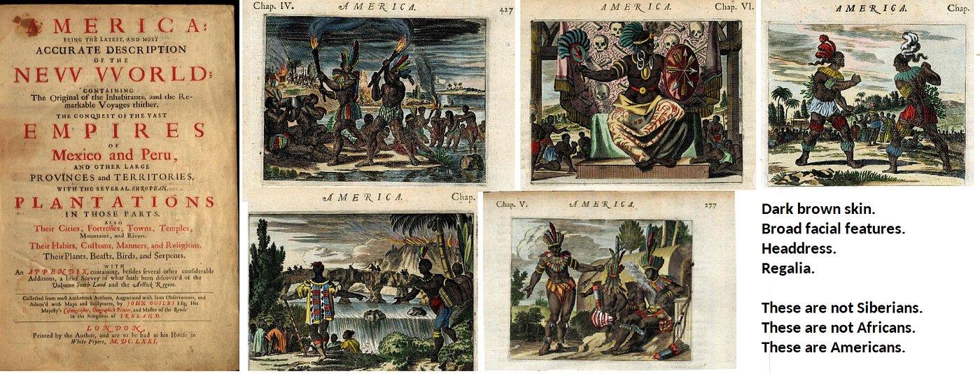 Clockwise from LEFT: Title page of “AMERICA.” Then, “Native Peruvians.” Then, “Aztec Chief Wall of Skulls.” Then, “Inca Chiefs Ritual Prophecy.” Then, “Aztec Warriors Making Healing Ointments.” Then, “Quito, Ecuador Waterfall.” Screenshot images from Ogilby, John. America: Being the Latest, and Most Accurate Description of the New World. London: Printed by the Author, 1671. Public domain.