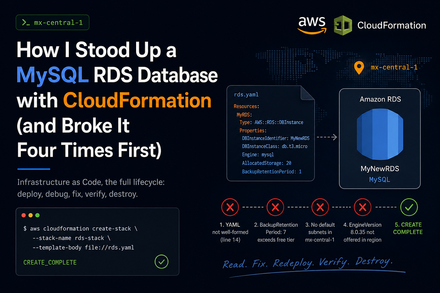 Weeks 5 & 6, Part 2: How I Stood Up a MySQL RDS Database with CloudFormation in mx-central-1 (and…