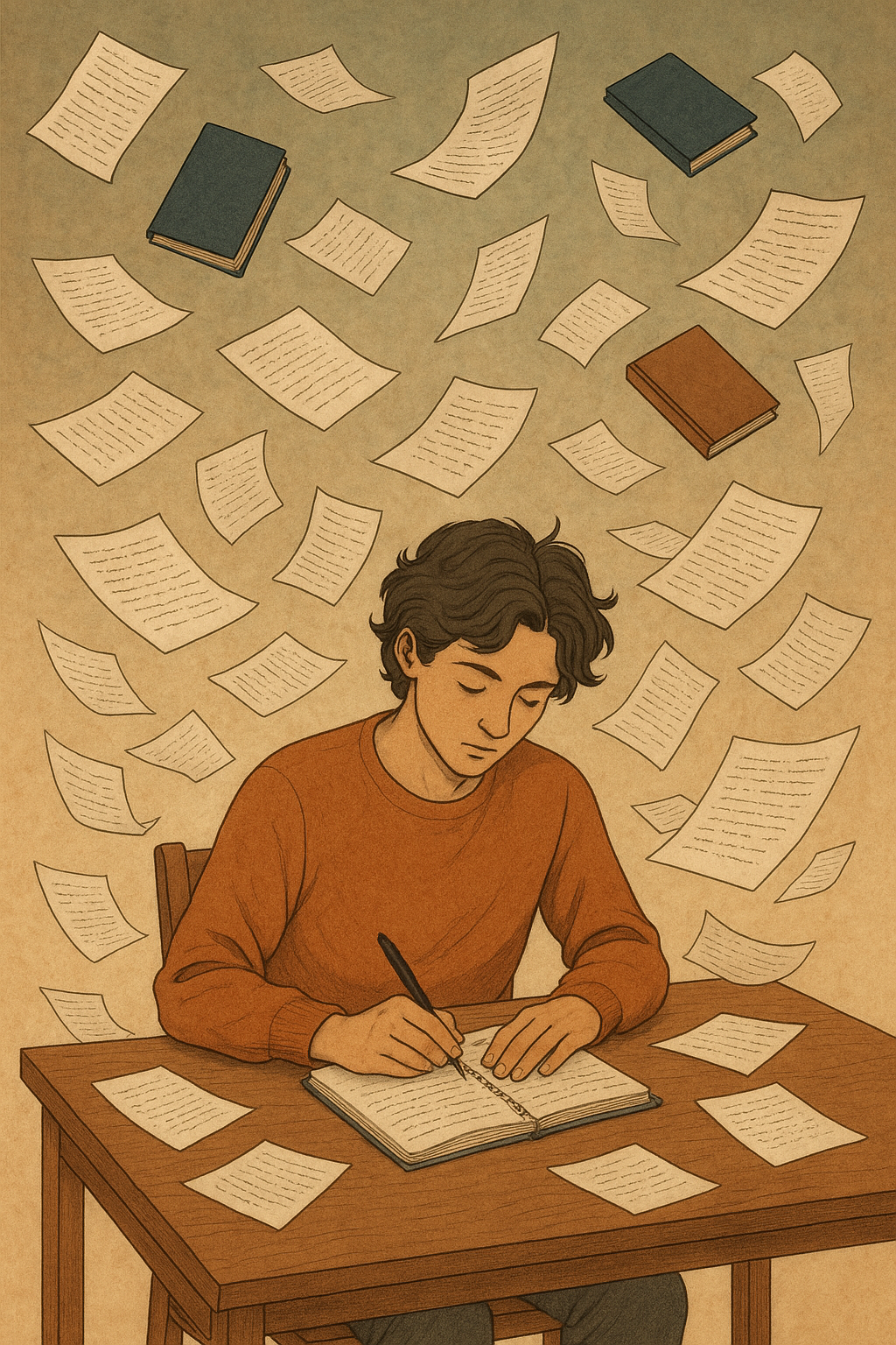 공중에 떠 있는 페이지와 책들이 그 주위를 맴돌며 노트에 글을 쓰는 차분한 젊은이의 초현실적 그림