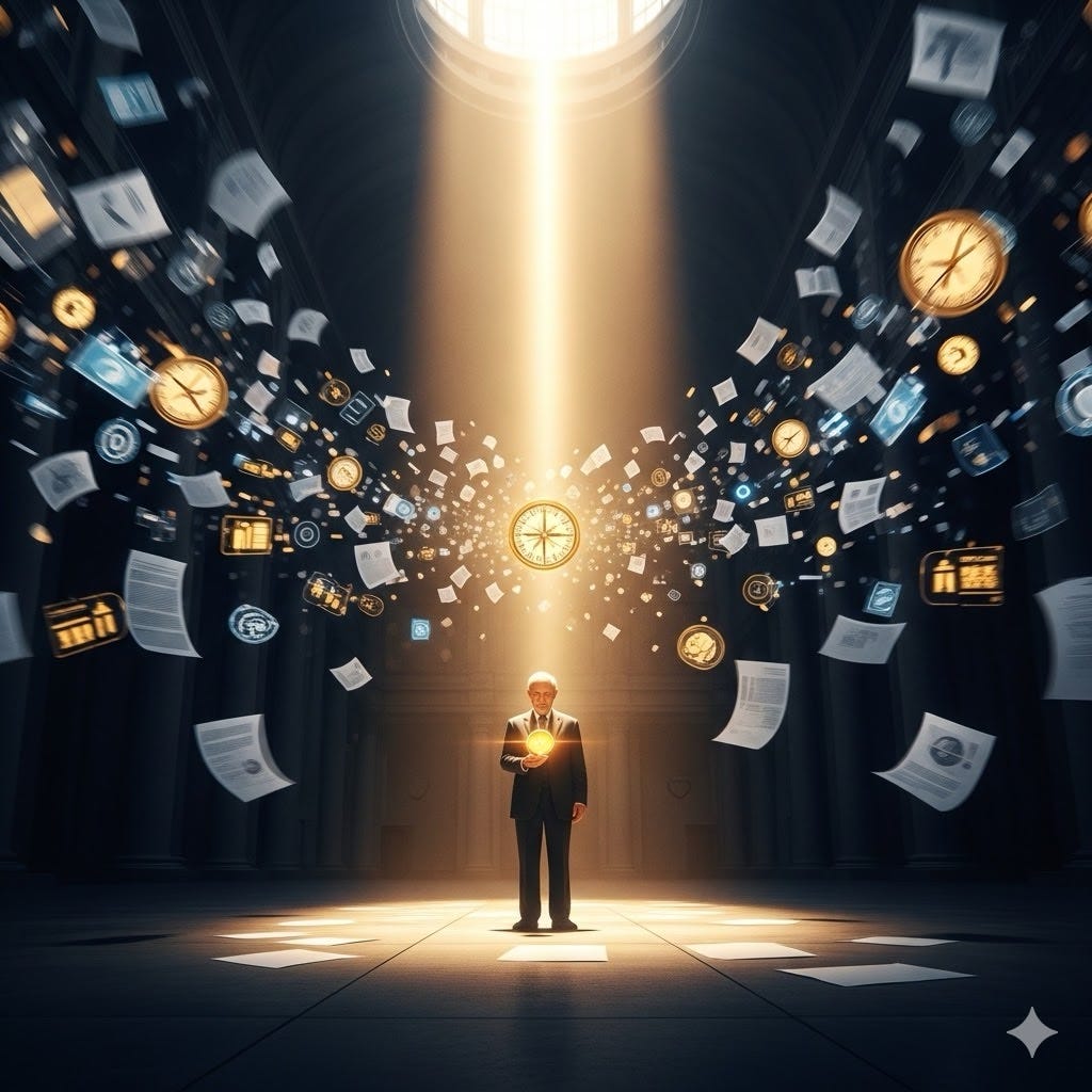 영화 같은 광각 사진 속에는 움직임으로 인해 흐릿해진 문서, 디지털 아이콘, 빛나는 시계들이 소용돌이치는 혼돈 속에서 완벽하게 고요하고 침착하게 서 있는 노년 남성의 모습이 담겨 있다.<BR> 위에서 비추는 강렬한
한 줄기 햇살이 그를 환하게 비춘다.<BR> 그는 손에 빛나는 황금빛 나침반을 들고 무언가를 intently 바라보고 있다.<BR> 배경은 넓고 어두운 건축물의 홀이다.<BR> 35mm 필름 특유의 높은 콘트라스트와 풍부한 질감이 돋보인다.<BR>