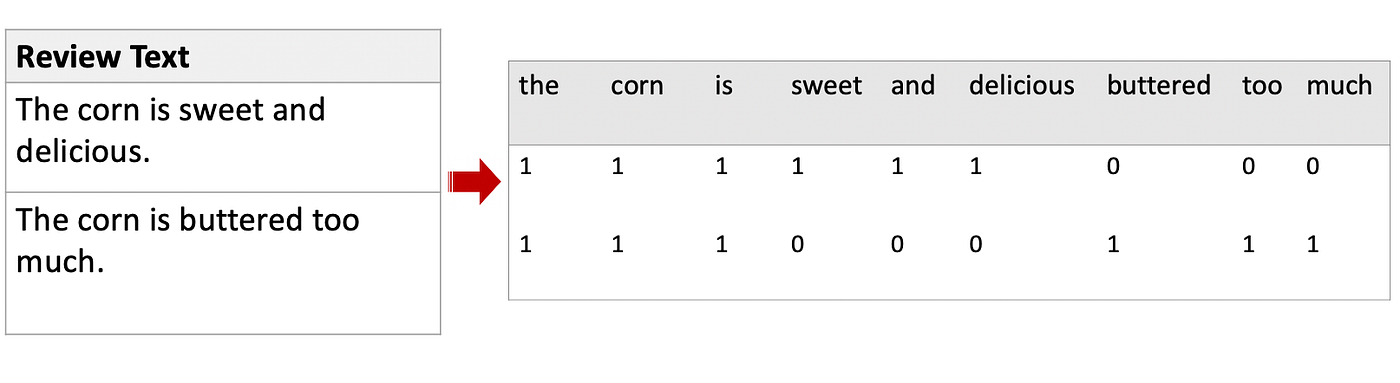 Example on two review sentence after CountVectorizer(single word token)