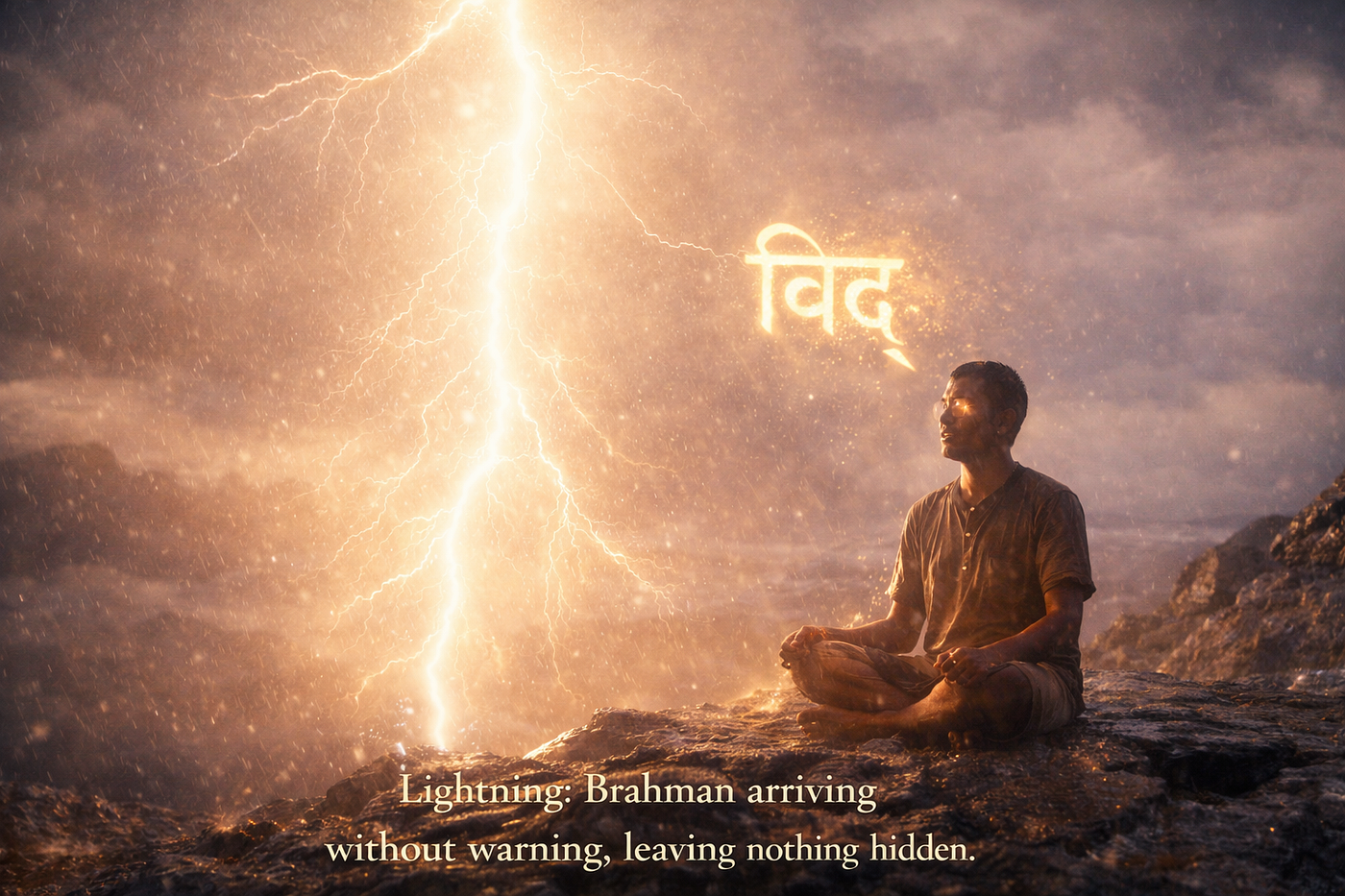 Brihadaranyaka Upanishad 5.7 — Vidyut (lightning) is Brahman. From vid: to know, to illumine. The flash destroys sin because it destroys darkness completely. Even one instant of genuine illumination burns what years of shadow accumulated.