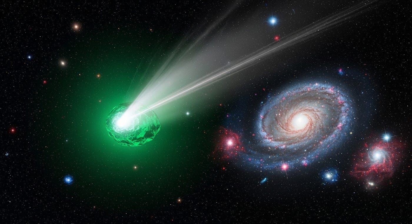 Digital artist’s impression of a Green Comet Travelling In outer space