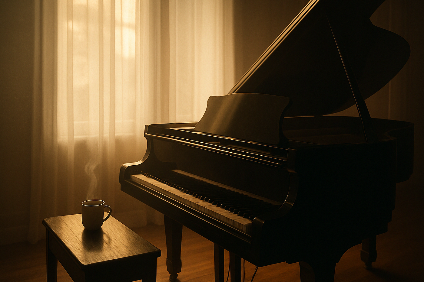 그랜드 피아노의 현과 해머를 클로즈업으로 표현한 작품으로, 장인 정신, 세부 사항에 대한 주의, 느린 연습의 아름다움을 강조하고 있습니다.<BR>