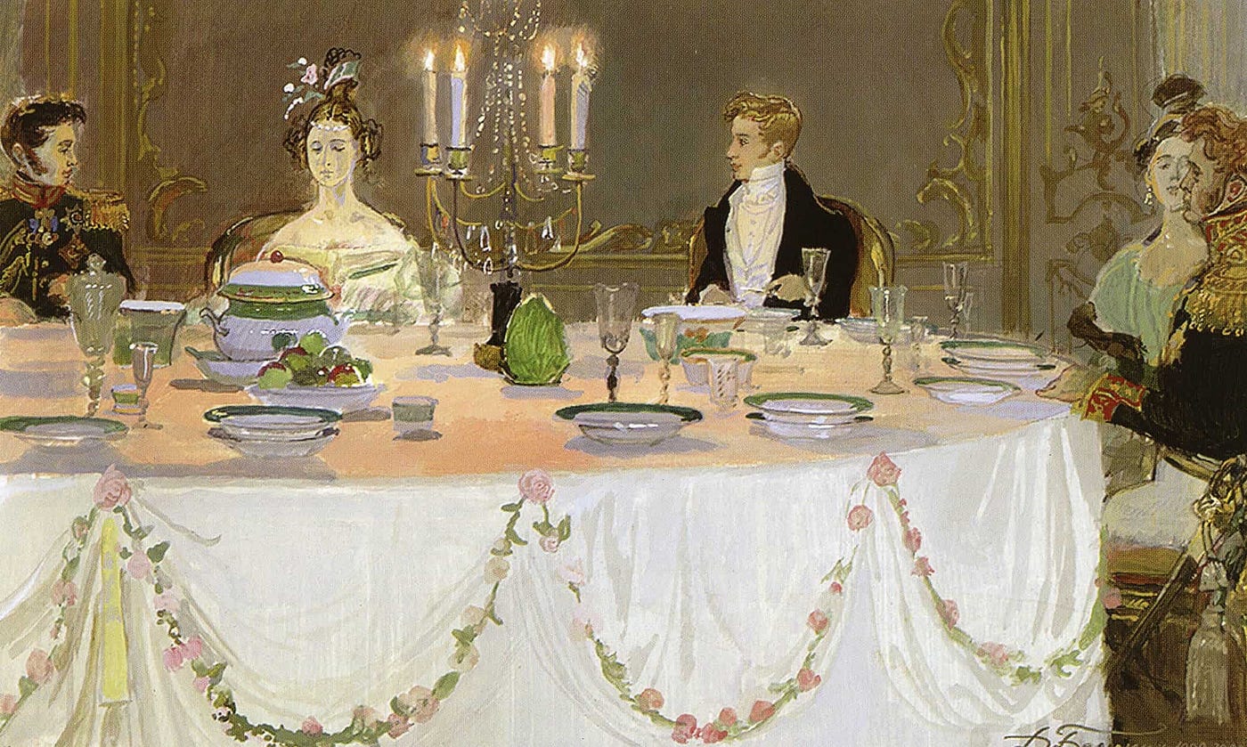D. Belyukin. Illustration for A. S. Pushkin’s poem Eugene Onegin — approximate table setting for a formal supper