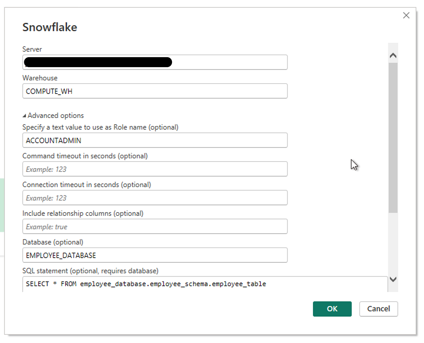 Setting up Snowflake connection in Power BI