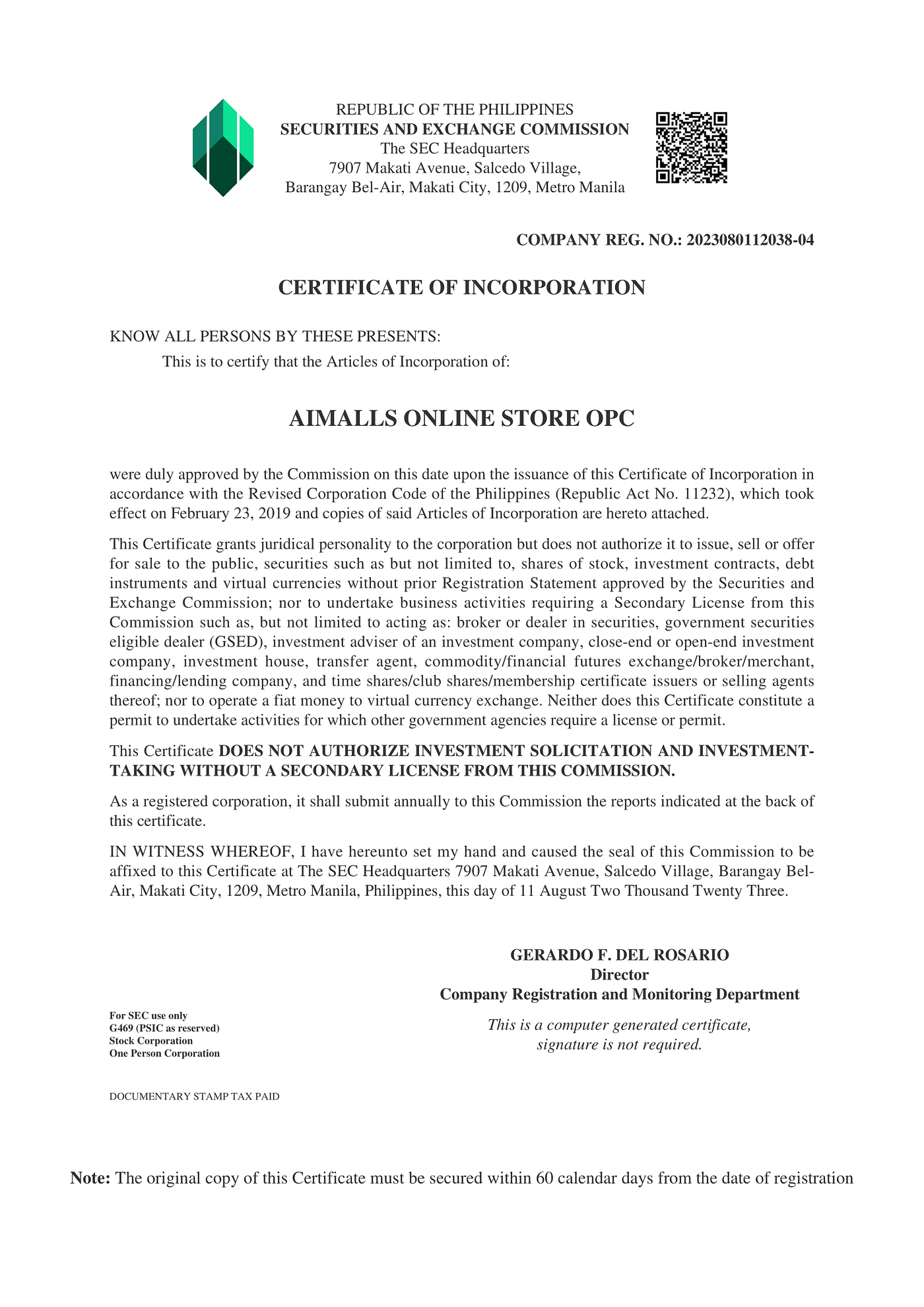 Securities and exchange commission certificate of registration