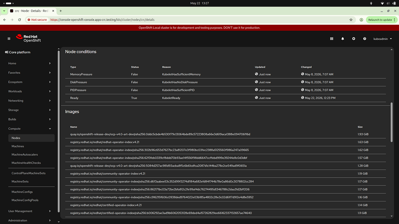 Validating node conditions and system operator images inside the OpenShift console.