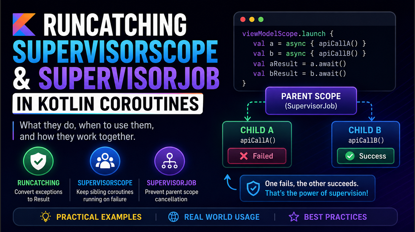 RunCatching vs SupervisorScope vs SupervisorJob in Kotlin Coroutines — Explained Properly