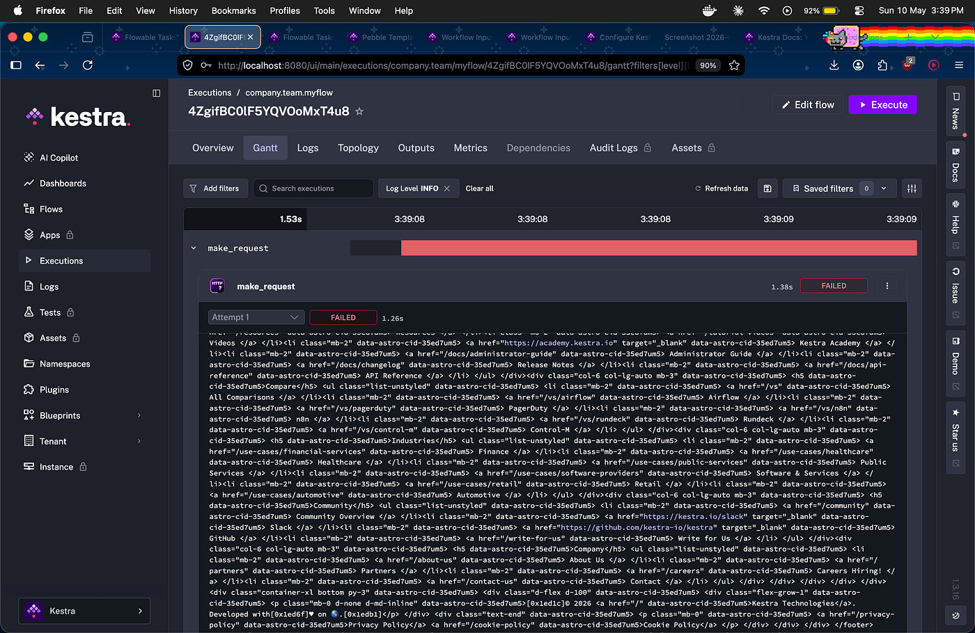 Failed execution with HTML error output