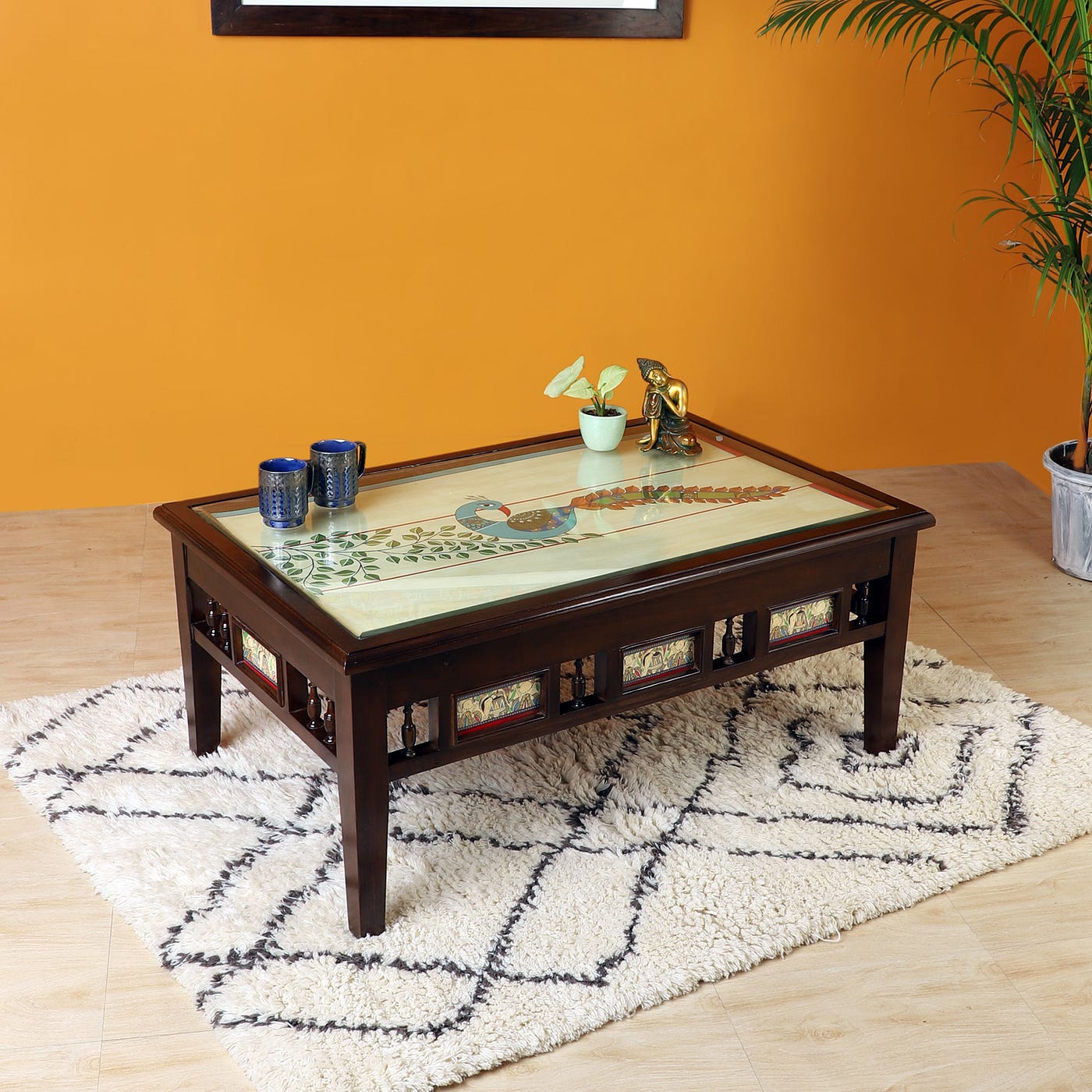 Teak wood centre table 2024 with glass top