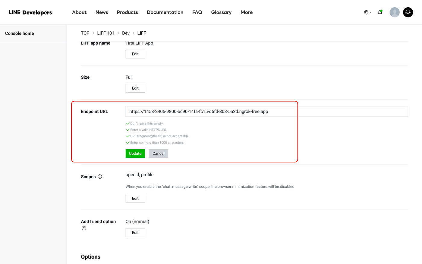 แก้ไข Endpoint URL เป็น HTTPS URL ที่ได้มาจาก ngrok