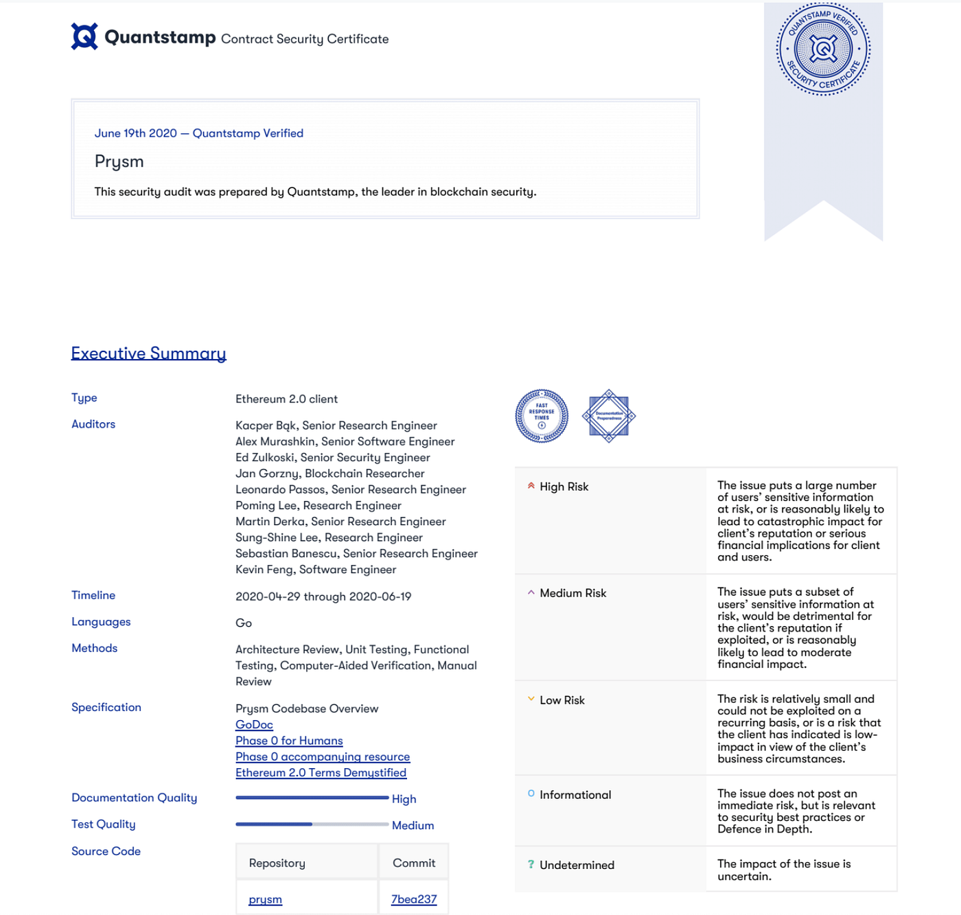 Quantstamp Security Audit Results for the Prysm Eth2 Client | by Raul  Jordan | Prysmatic Labs | Medium