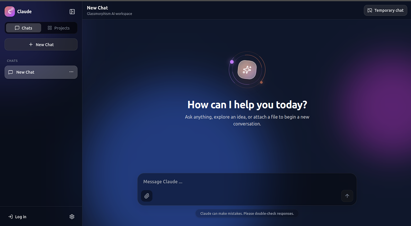 A look inside a responsive AI chat prototype with projects, attachments, local persistence…