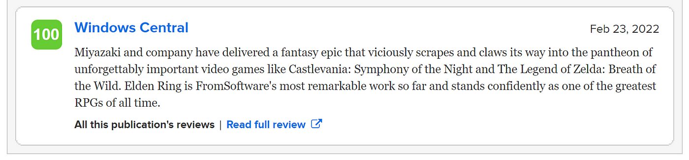 What is Elden Ring's review score on metacritic?